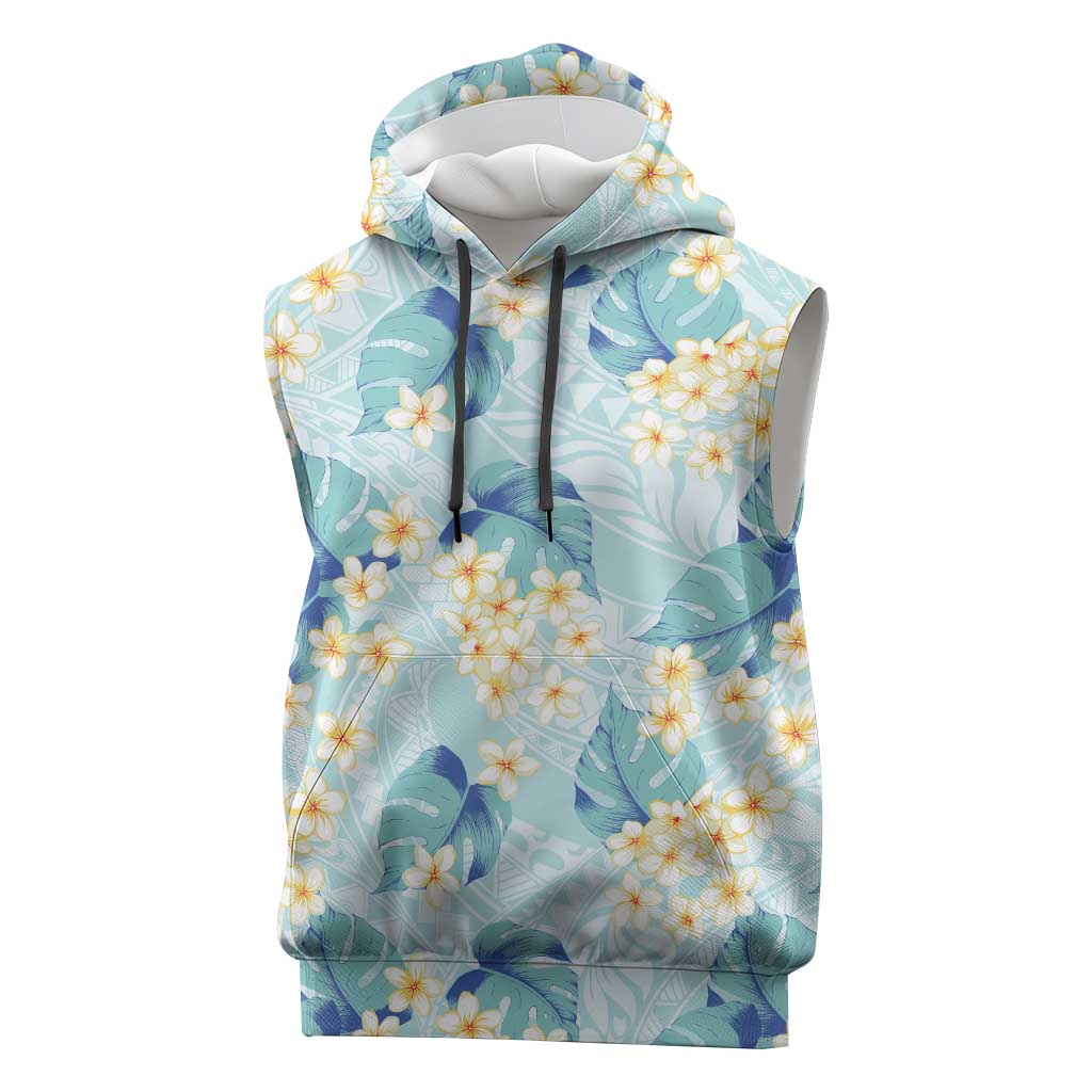 Pastel Cyan Tropical Hawaii Sleeveless Hoodie Seamless Monstera Plumeria Hawaiian Pattern LT14 Pastel Cyan - Polynesian Pride