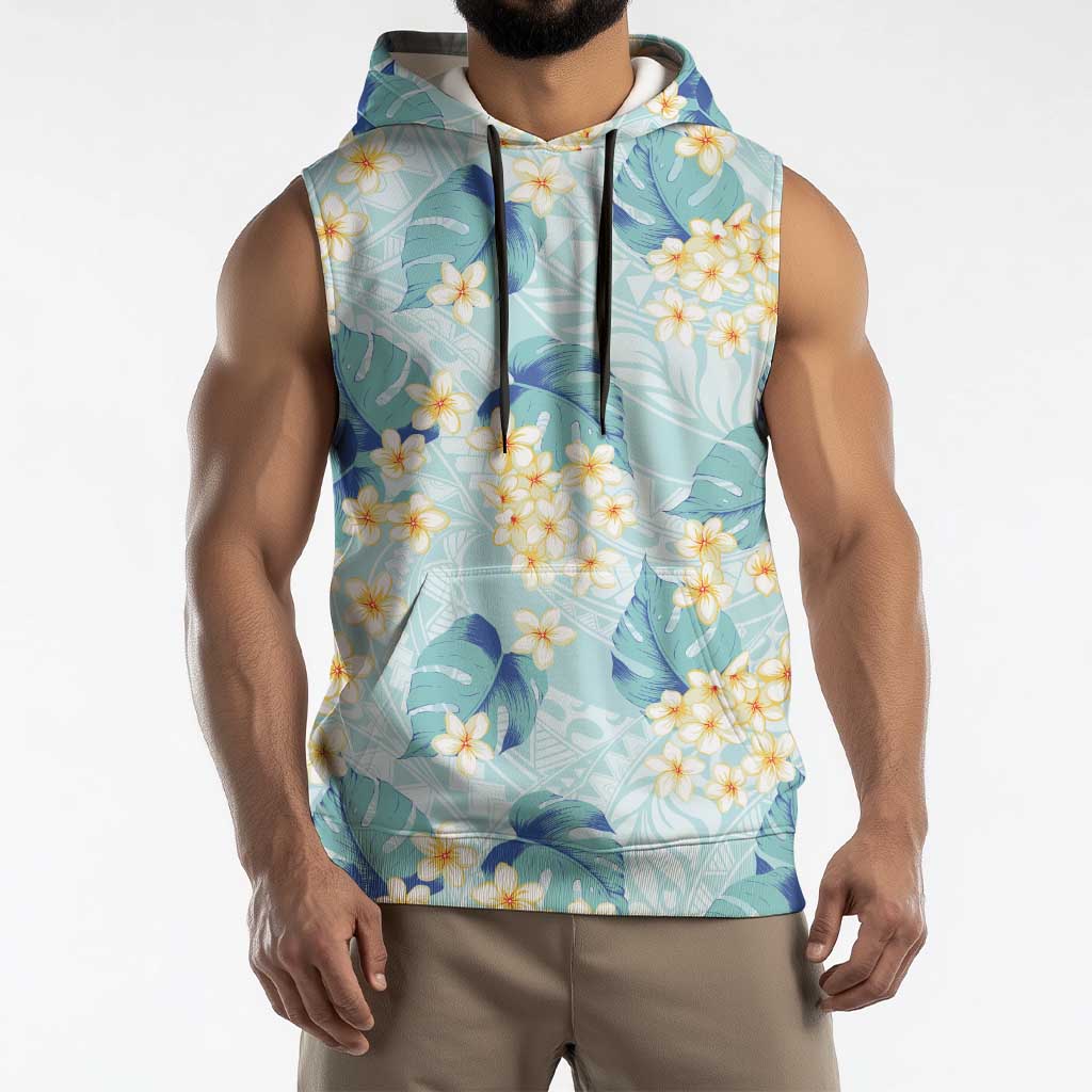 Pastel Cyan Tropical Hawaii Sleeveless Hoodie Seamless Monstera Plumeria Hawaiian Pattern LT14 - Polynesian Pride
