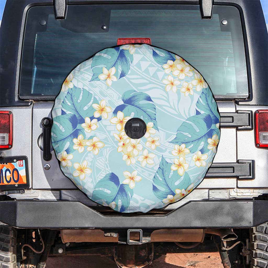 Pastel Cyan Tropical Hawaii Spare Tire Cover Seamless Monstera Plumeria Hawaiian Pattern - Polynesian Pride