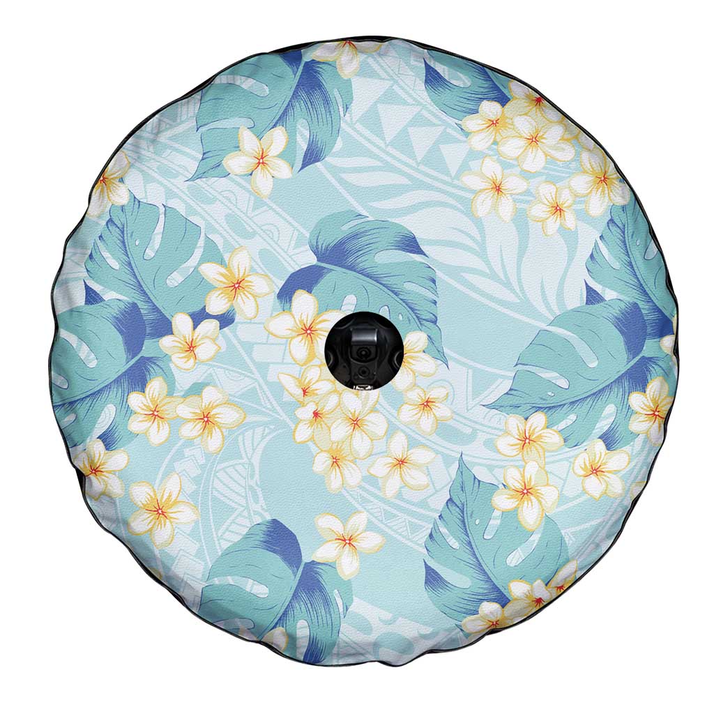 Pastel Cyan Tropical Hawaii Spare Tire Cover Seamless Monstera Plumeria Hawaiian Pattern - Polynesian Pride