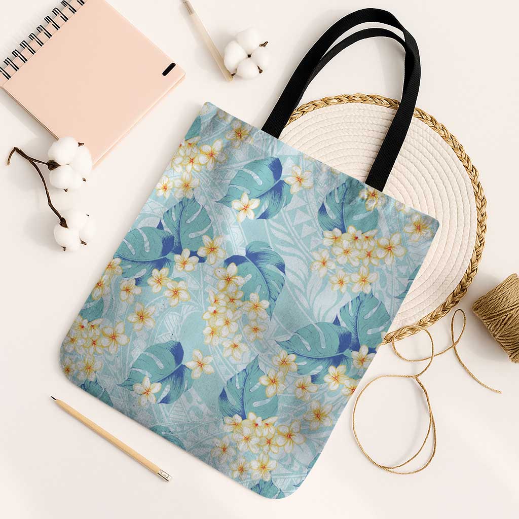 Pastel Cyan Tropical Hawaii Tote Bag Seamless Monstera Plumeria Hawaiian Pattern LT14 Black Strap One Size Pastel Cyan - Polynesian Pride