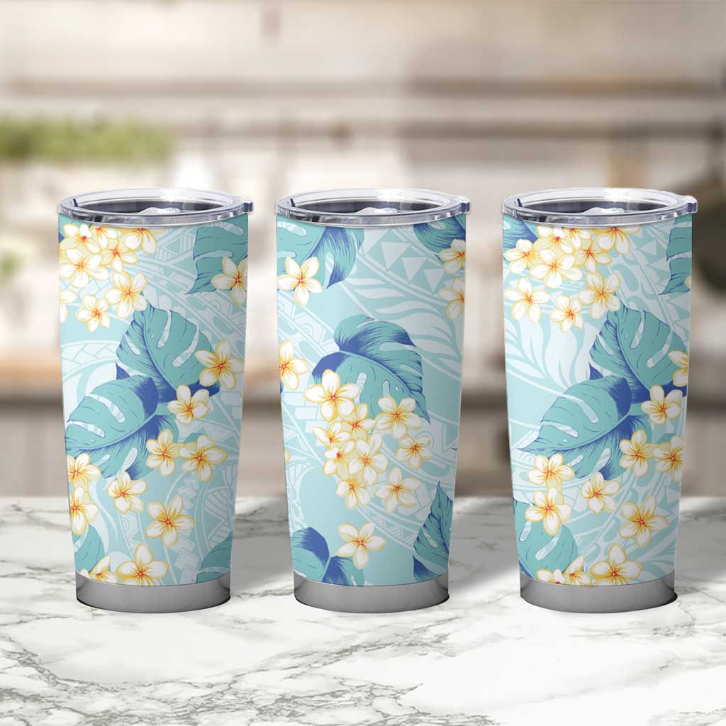 Pastel Cyan Tropical Hawaii Tumbler Cup Seamless Monstera Plumeria Hawaiian Pattern - Polynesian Pride