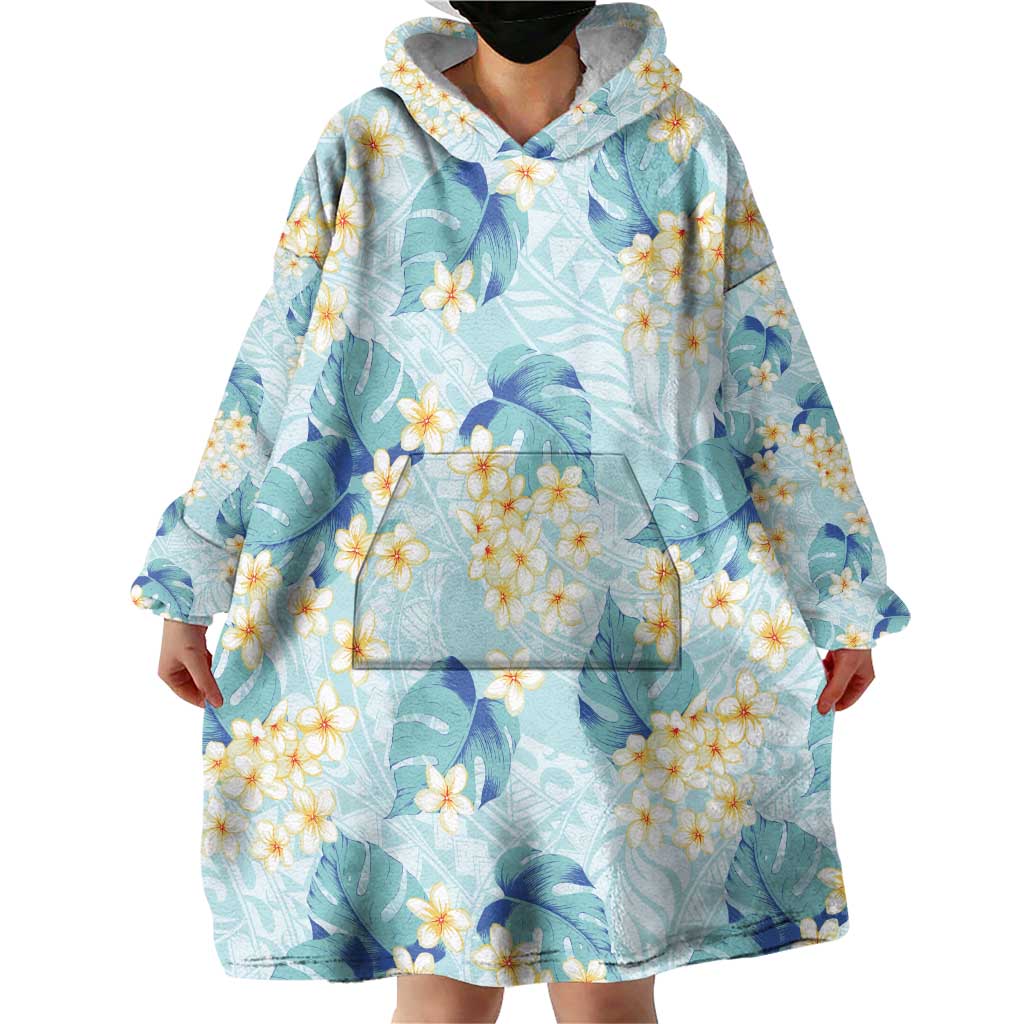 Pastel Cyan Tropical Hawaii Wearable Blanket Hoodie Seamless Monstera Plumeria Hawaiian Pattern LT14 - Polynesian Pride