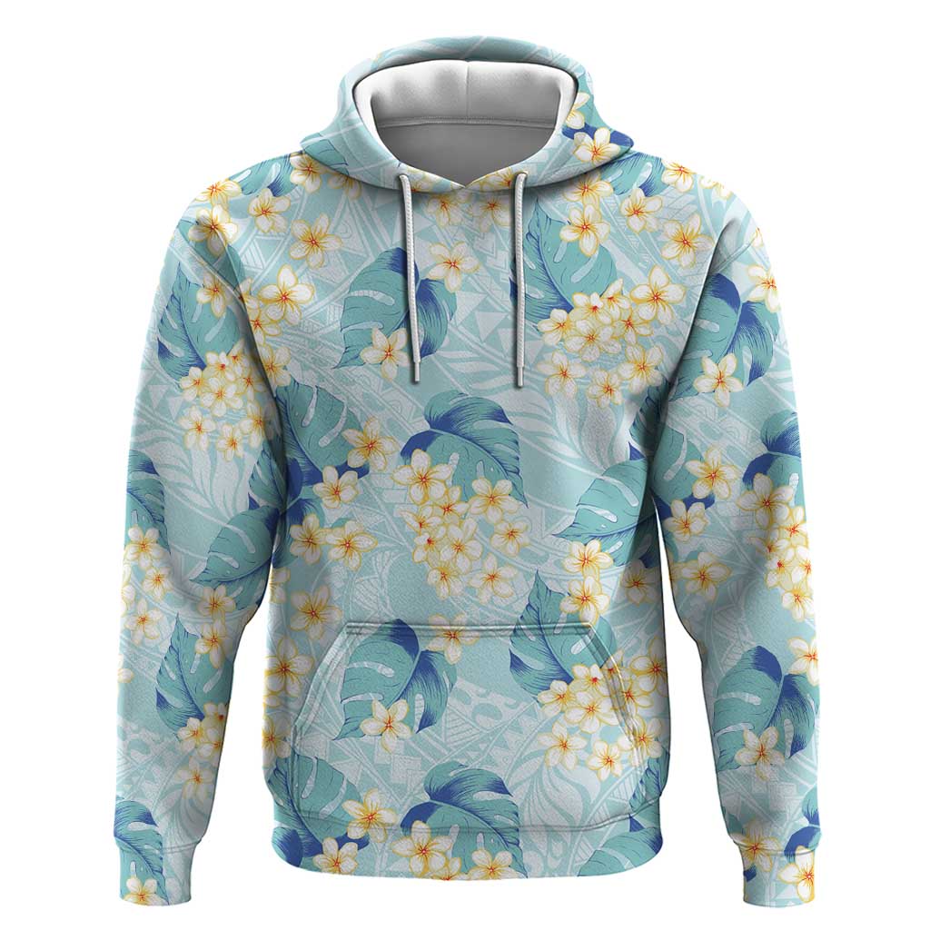 Pastel Cyan Tropical Hawaii Zip Hoodie Seamless Monstera Plumeria Hawaiian Pattern - Polynesian Pride