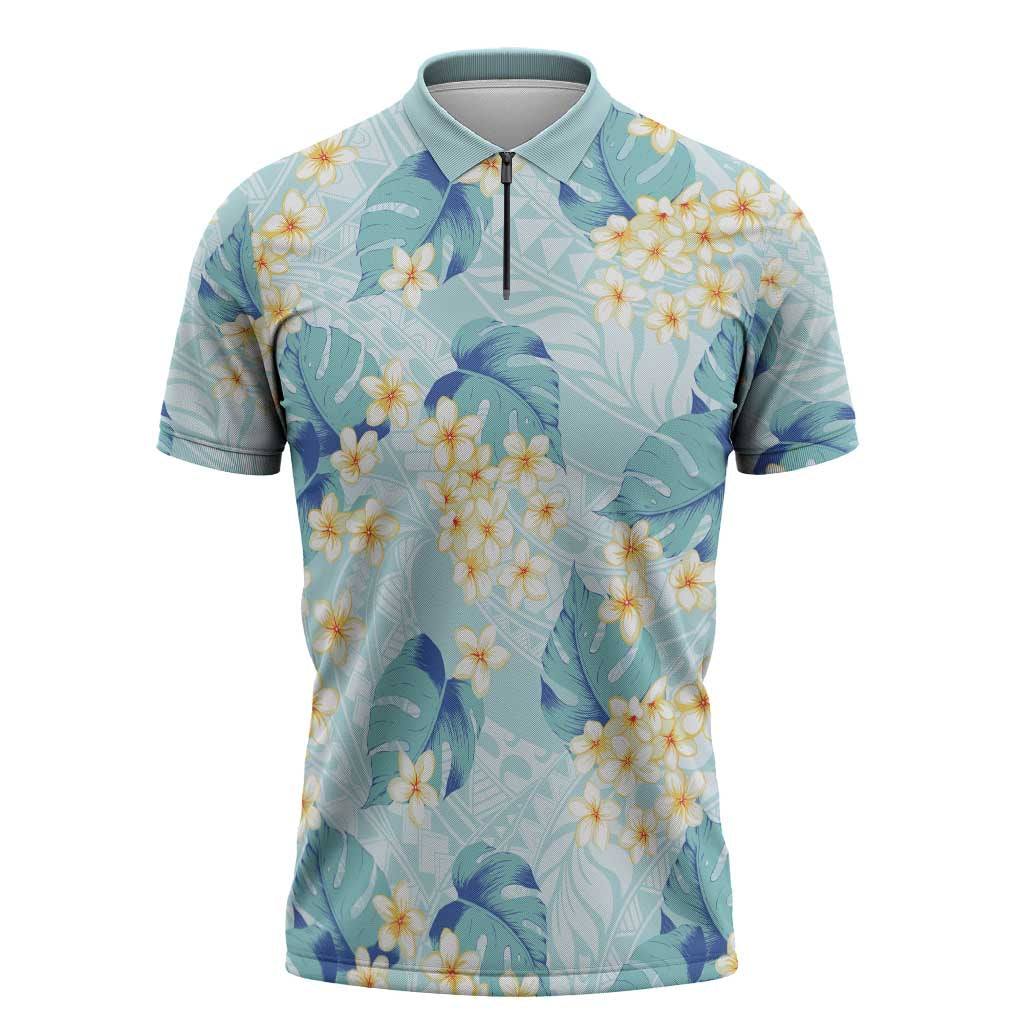 Pastel Cyan Tropical Hawaii Zipper Polo Shirt Seamless Monstera Plumeria Hawaiian Pattern LT14 Pastel Cyan - Polynesian Pride