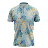 Pastel Cyan Tropical Hawaii Zipper Polo Shirt Seamless Monstera Plumeria Hawaiian Pattern LT14 Pastel Cyan - Polynesian Pride