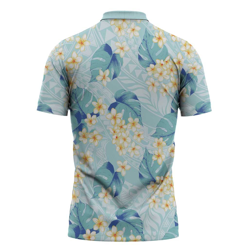 Pastel Cyan Tropical Hawaii Zipper Polo Shirt Seamless Monstera Plumeria Hawaiian Pattern LT14 - Polynesian Pride