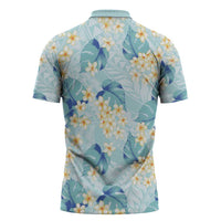 Pastel Cyan Tropical Hawaii Zipper Polo Shirt Seamless Monstera Plumeria Hawaiian Pattern LT14 - Polynesian Pride