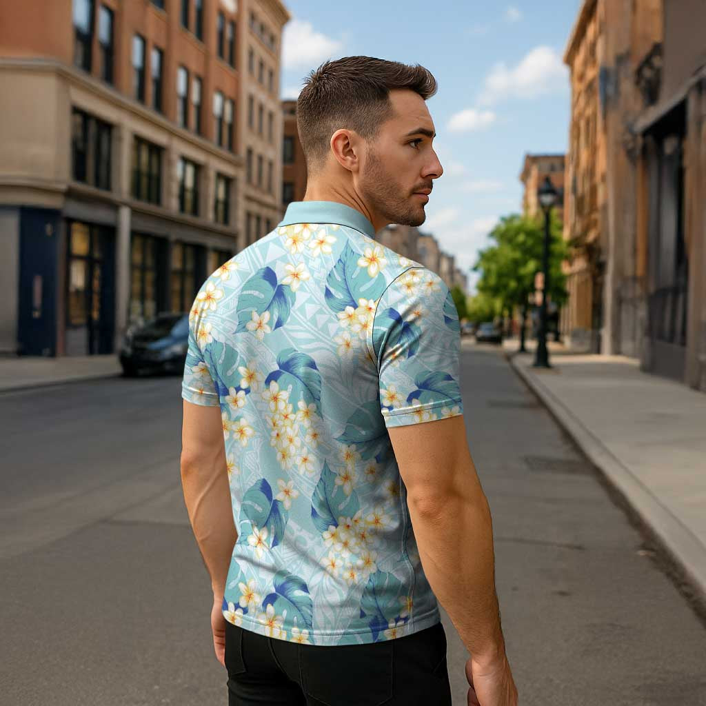 Pastel Cyan Tropical Hawaii Zipper Polo Shirt Seamless Monstera Plumeria Hawaiian Pattern LT14 - Polynesian Pride
