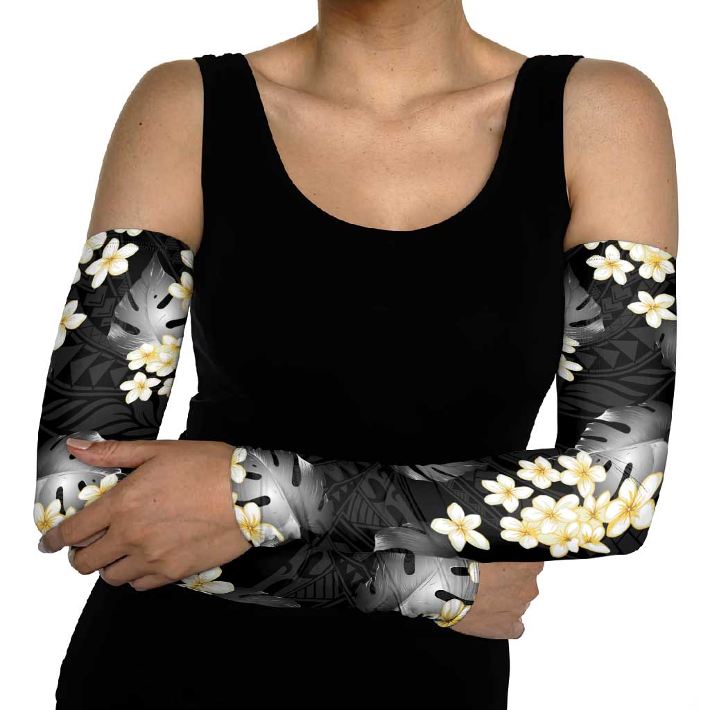 Black Tropical Hawaii Arm Sleeves Seamless Monstera Plumeria Hawaiian Pattern - Polynesian Pride