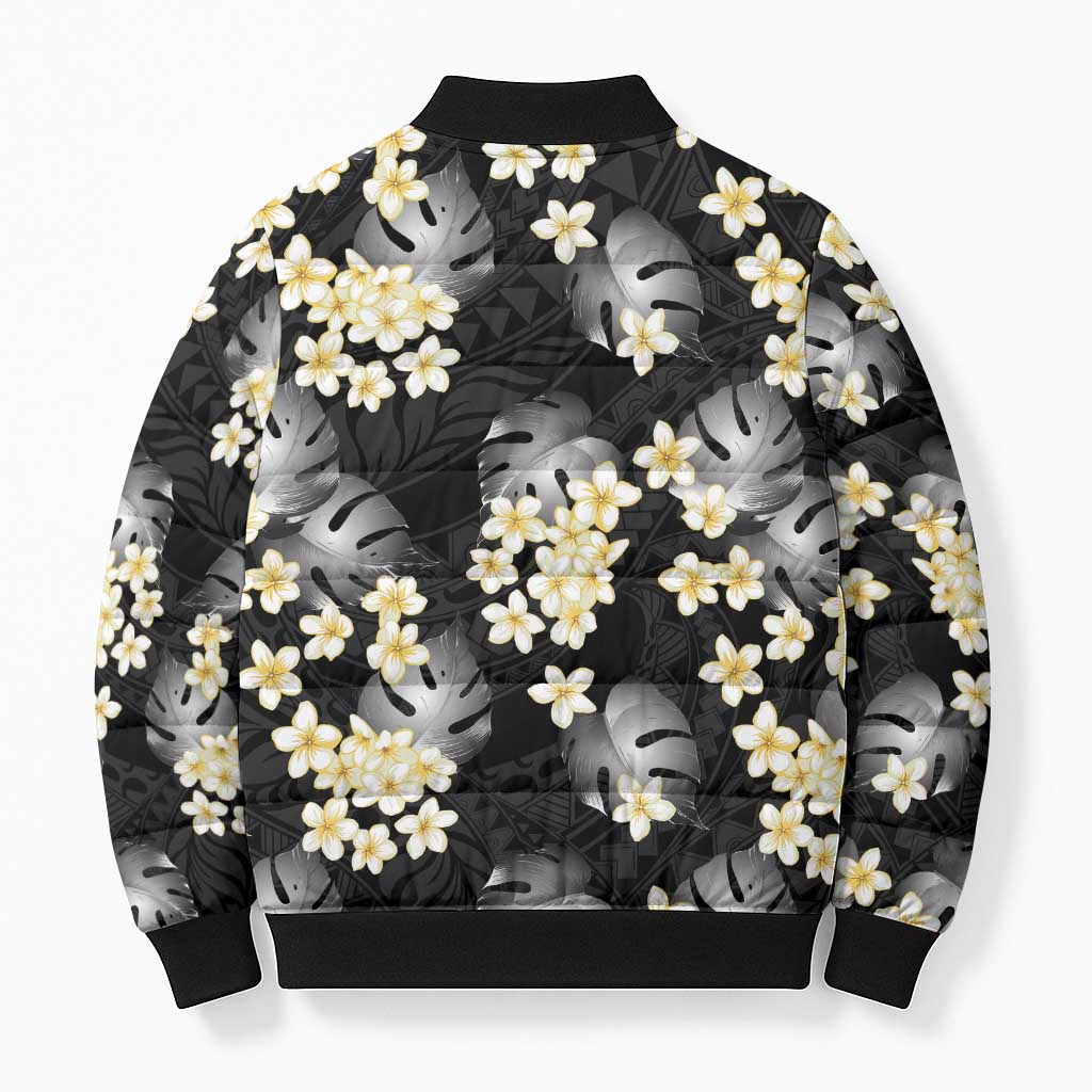Black Tropical Hawaii Bomber Puffer Jacket Seamless Monstera Plumeria Hawaiian Pattern - Polynesian Pride