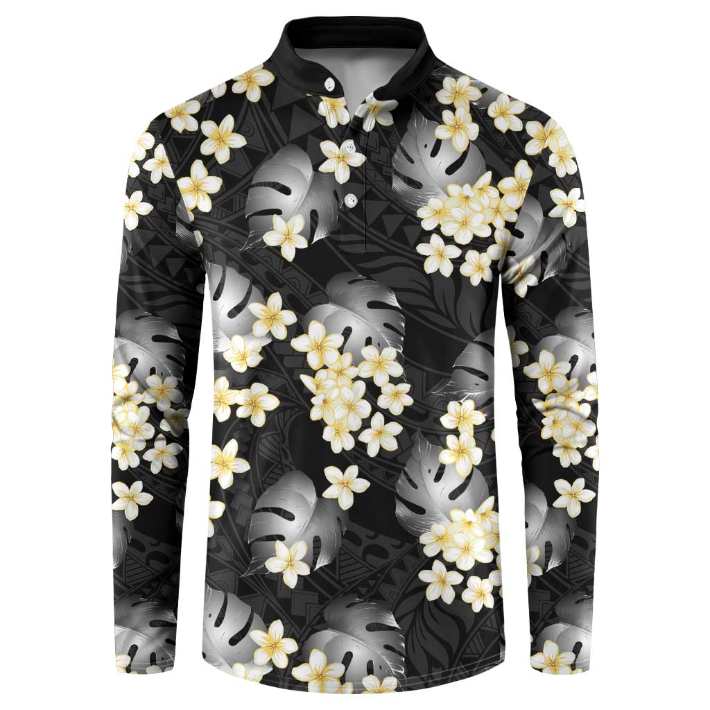Black Tropical Hawaii Button Sweatshirt Seamless Monstera Plumeria Hawaiian Pattern LT14 Black - Polynesian Pride