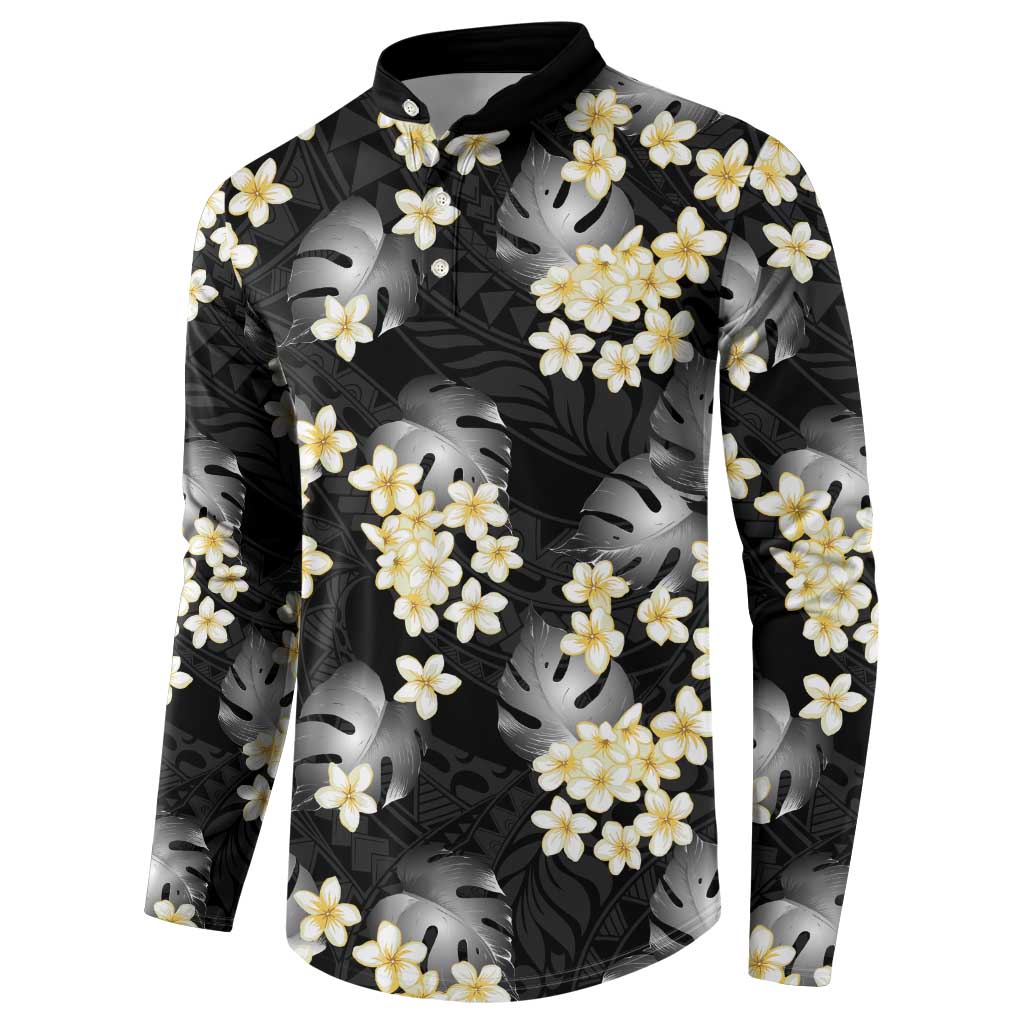 Black Tropical Hawaii Button Sweatshirt Seamless Monstera Plumeria Hawaiian Pattern LT14 - Polynesian Pride
