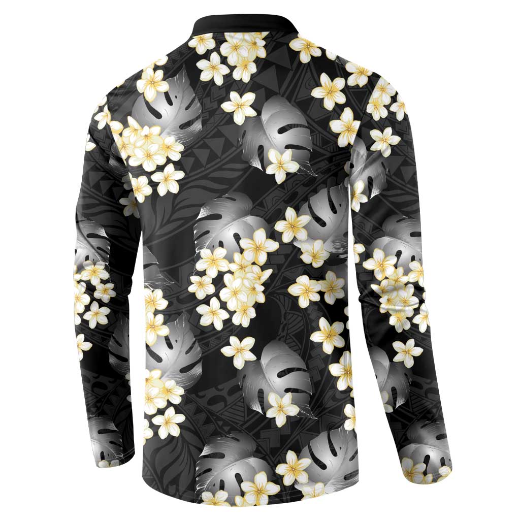 Black Tropical Hawaii Button Sweatshirt Seamless Monstera Plumeria Hawaiian Pattern LT14 - Polynesian Pride