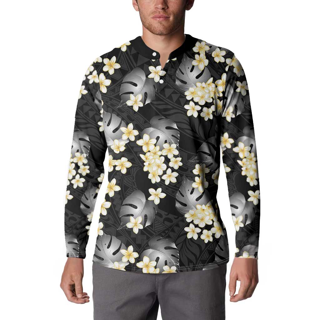 Black Tropical Hawaii Button Sweatshirt Seamless Monstera Plumeria Hawaiian Pattern LT14 - Polynesian Pride