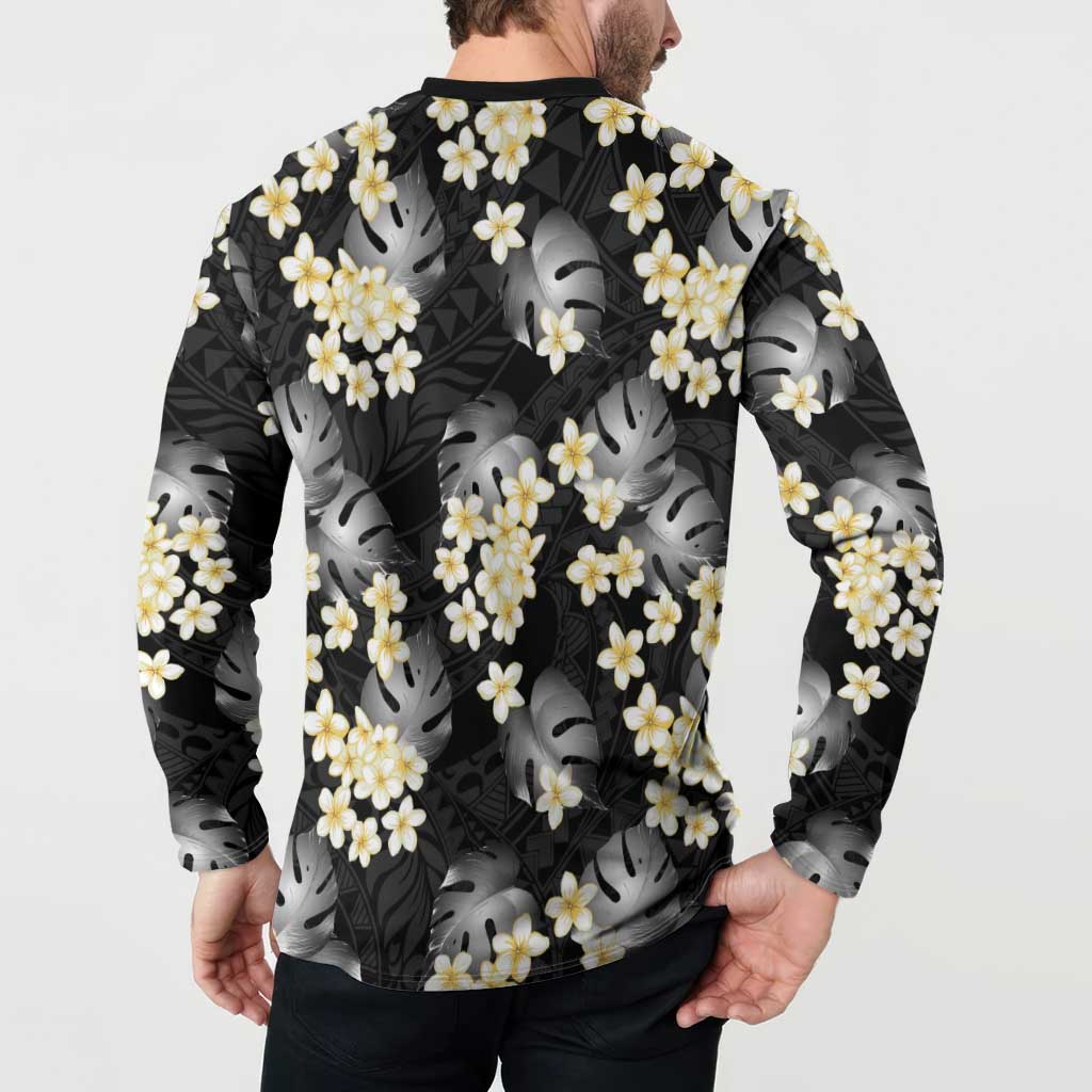 Black Tropical Hawaii Button Sweatshirt Seamless Monstera Plumeria Hawaiian Pattern LT14 - Polynesian Pride