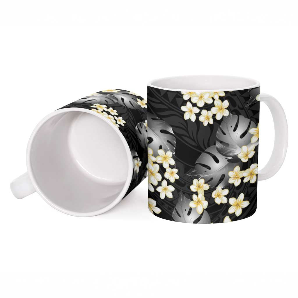 Black Tropical Hawaii Ceramic Mug Seamless Monstera Plumeria Hawaiian Pattern - Polynesian Pride