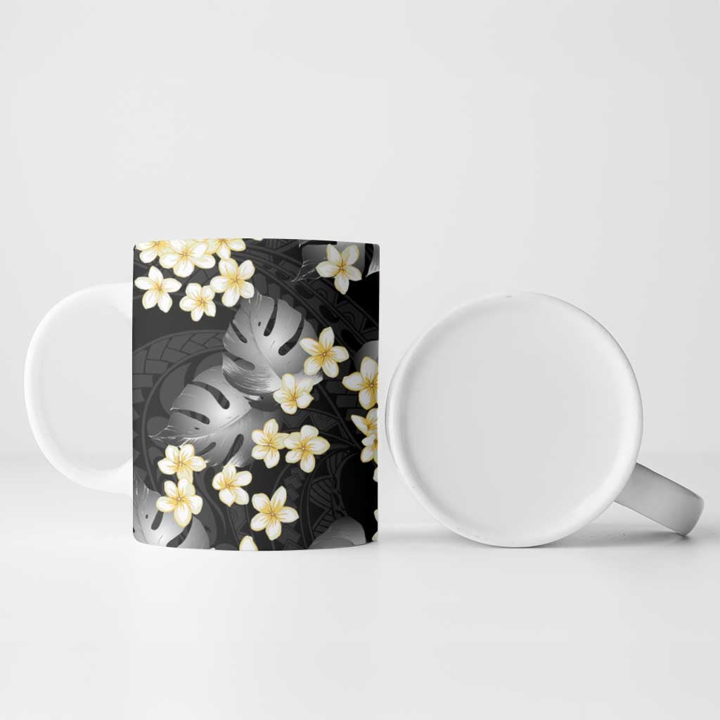 Black Tropical Hawaii Ceramic Mug Seamless Monstera Plumeria Hawaiian Pattern - Polynesian Pride