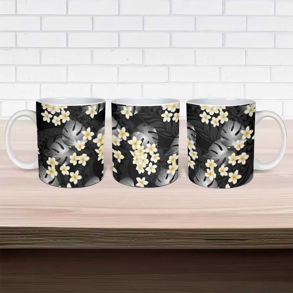 Black Tropical Hawaii Ceramic Mug Seamless Monstera Plumeria Hawaiian Pattern - Polynesian Pride