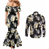 Black Tropical Hawaii Couples Matching Mermaid Dress and Long Sleeve Button Shirt Seamless Monstera Plumeria Hawaiian Pattern - Polynesian Pride