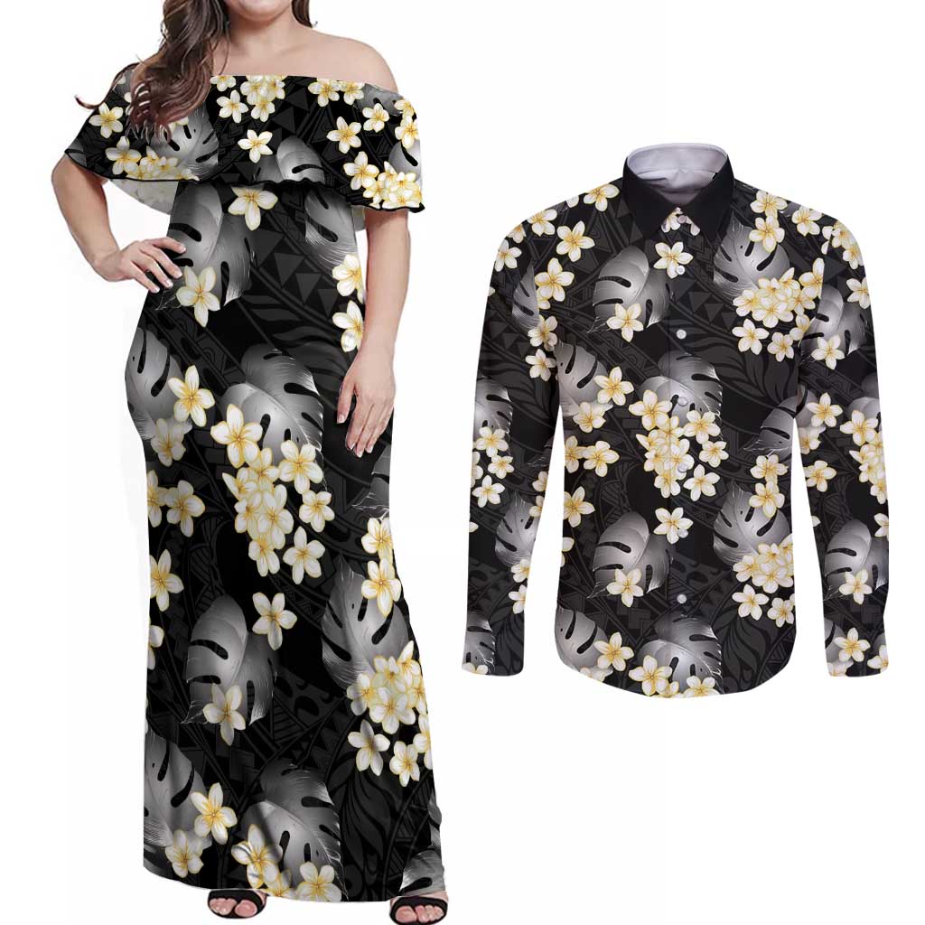Black Tropical Hawaii Couples Matching Off Shoulder Maxi Dress and Long Sleeve Button Shirt Seamless Monstera Plumeria Hawaiian Pattern - Polynesian Pride