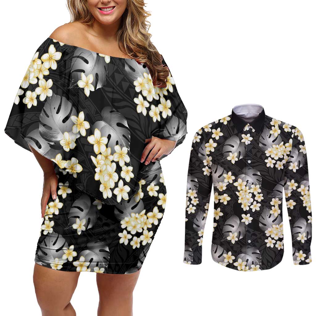 Black Tropical Hawaii Couples Matching Off Shoulder Short Dress and Long Sleeve Button Shirt Seamless Monstera Plumeria Hawaiian Pattern - Polynesian Pride