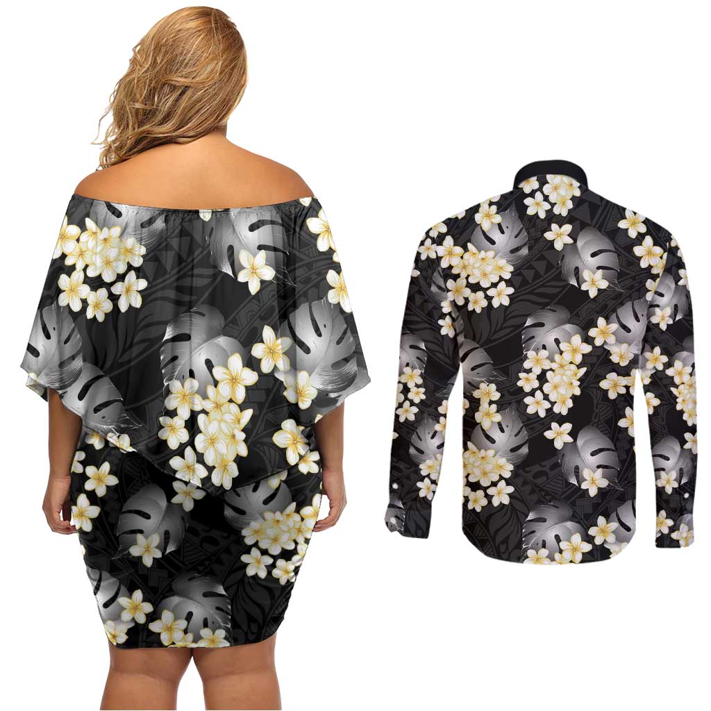 Black Tropical Hawaii Couples Matching Off Shoulder Short Dress and Long Sleeve Button Shirt Seamless Monstera Plumeria Hawaiian Pattern - Polynesian Pride