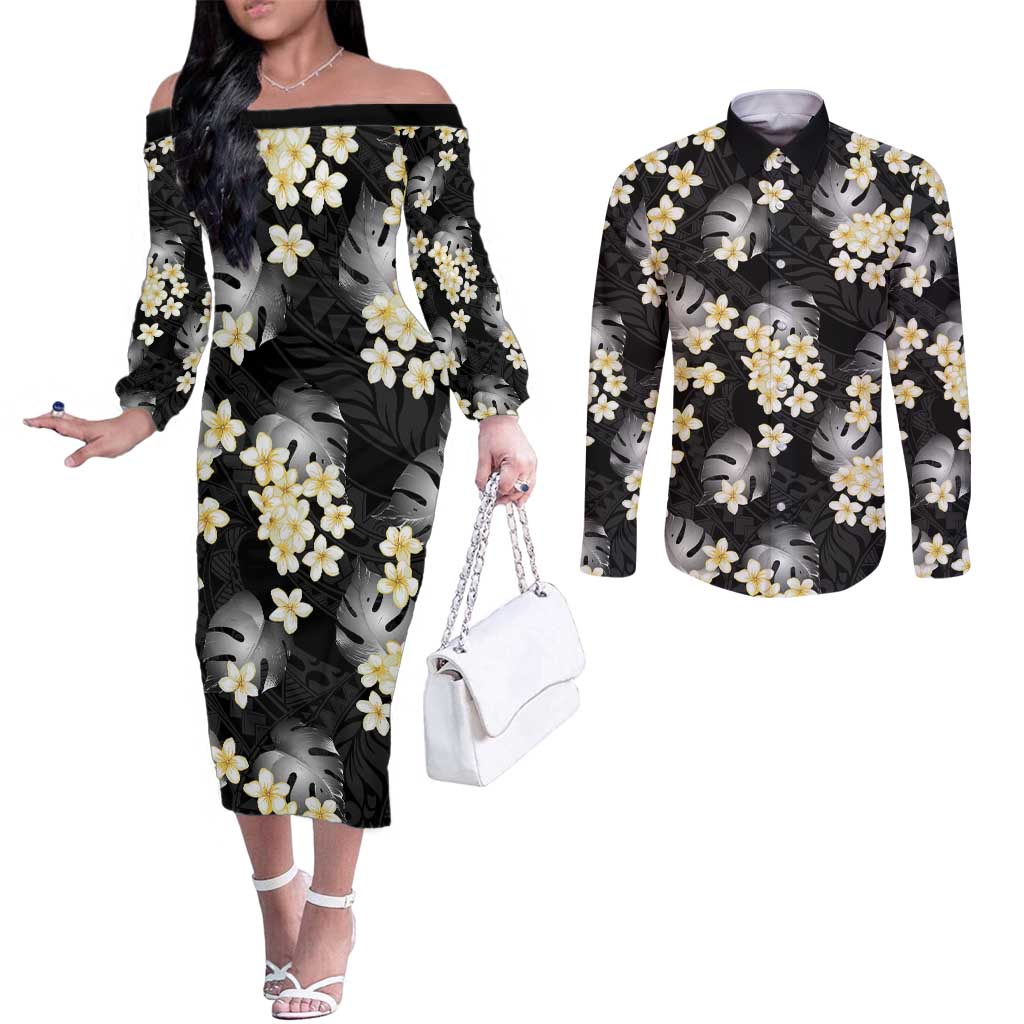 Black Tropical Hawaii Couples Matching Off The Shoulder Long Sleeve Dress and Long Sleeve Button Shirt Seamless Monstera Plumeria Hawaiian Pattern - Polynesian Pride