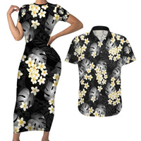 Black Tropical Hawaii Couples Matching Short Sleeve Bodycon Dress and Hawaiian Shirt Seamless Monstera Plumeria Hawaiian Pattern - Polynesian Pride