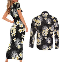 Black Tropical Hawaii Couples Matching Short Sleeve Bodycon Dress and Long Sleeve Button Shirt Seamless Monstera Plumeria Hawaiian Pattern - Polynesian Pride