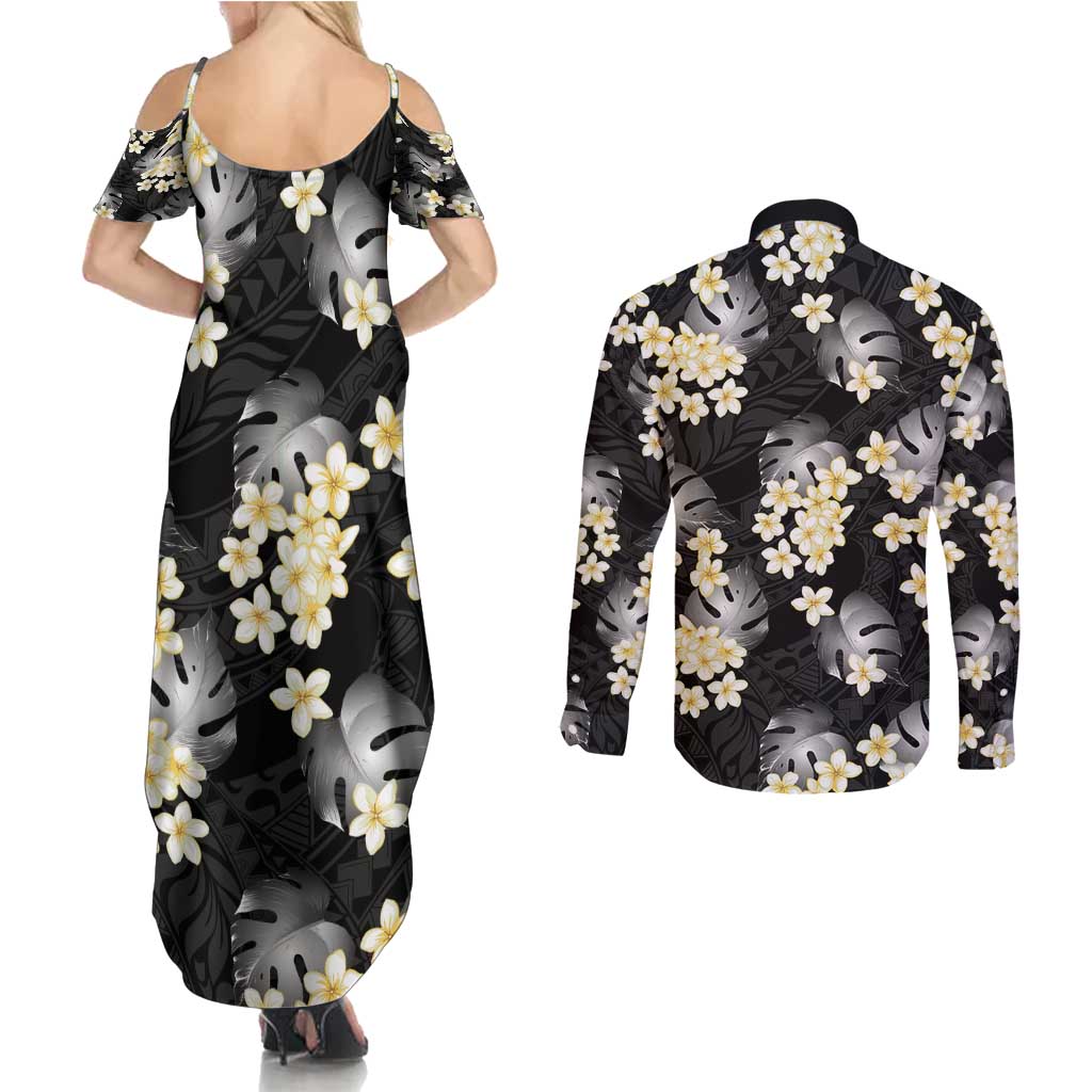 Black Tropical Hawaii Couples Matching Summer Maxi Dress and Long Sleeve Button Shirt Seamless Monstera Plumeria Hawaiian Pattern - Polynesian Pride