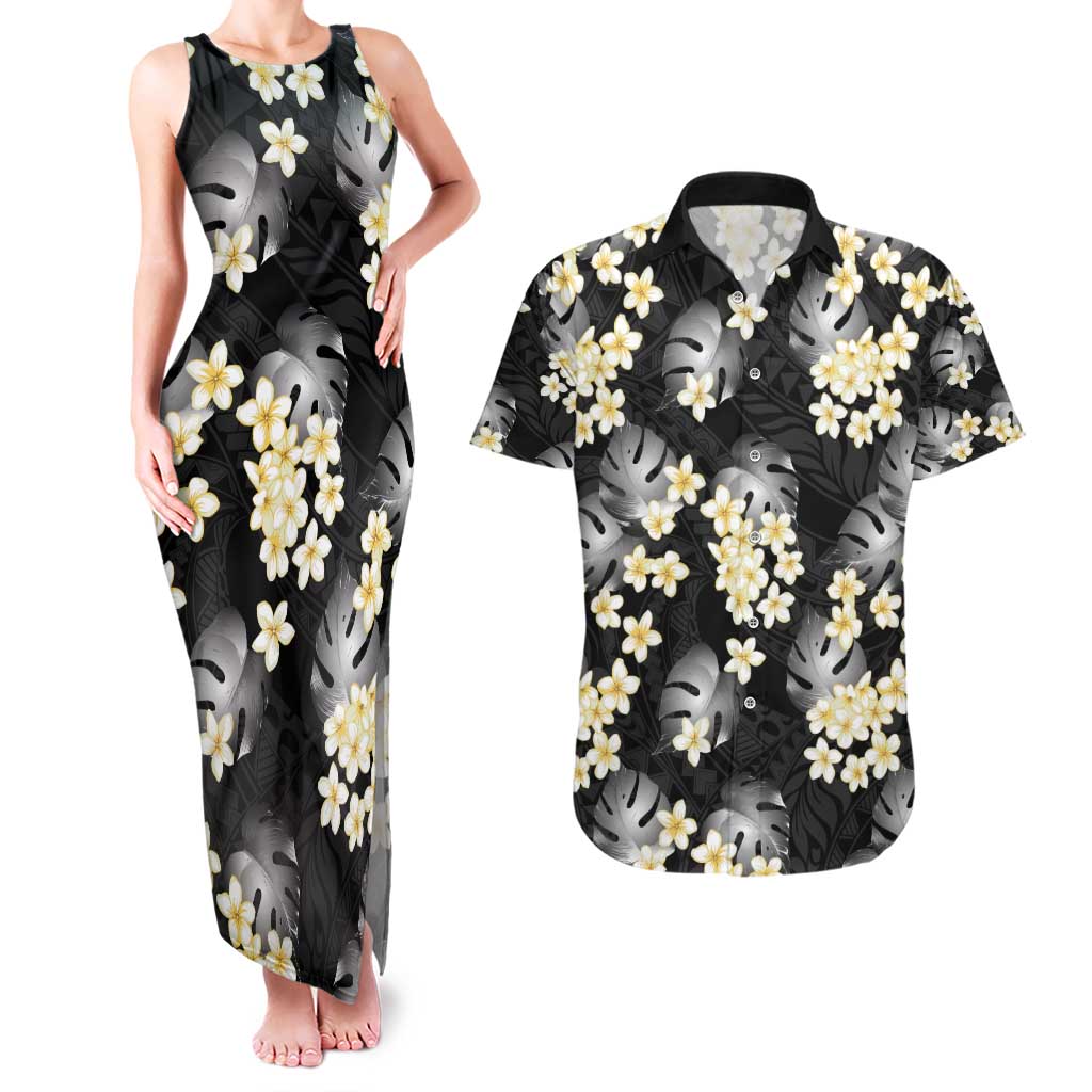 Black Tropical Hawaii Couples Matching Tank Maxi Dress and Hawaiian Shirt Seamless Monstera Plumeria Hawaiian Pattern - Polynesian Pride