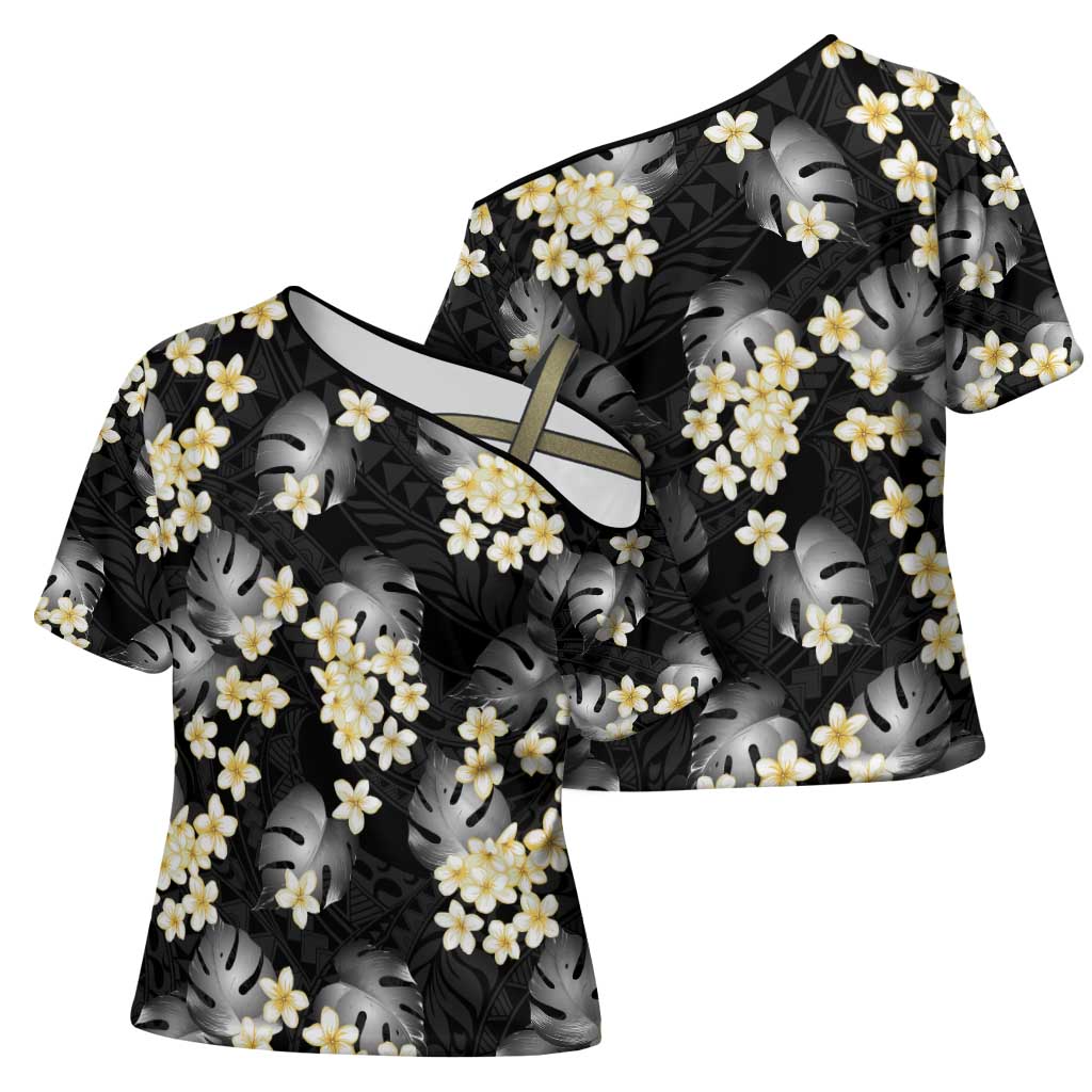 Black Tropical Hawaii Cross Shoulder Shirt Seamless Monstera Plumeria Hawaiian Pattern - Polynesian Pride