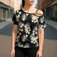 Black Tropical Hawaii Cross Shoulder Shirt Seamless Monstera Plumeria Hawaiian Pattern - Polynesian Pride