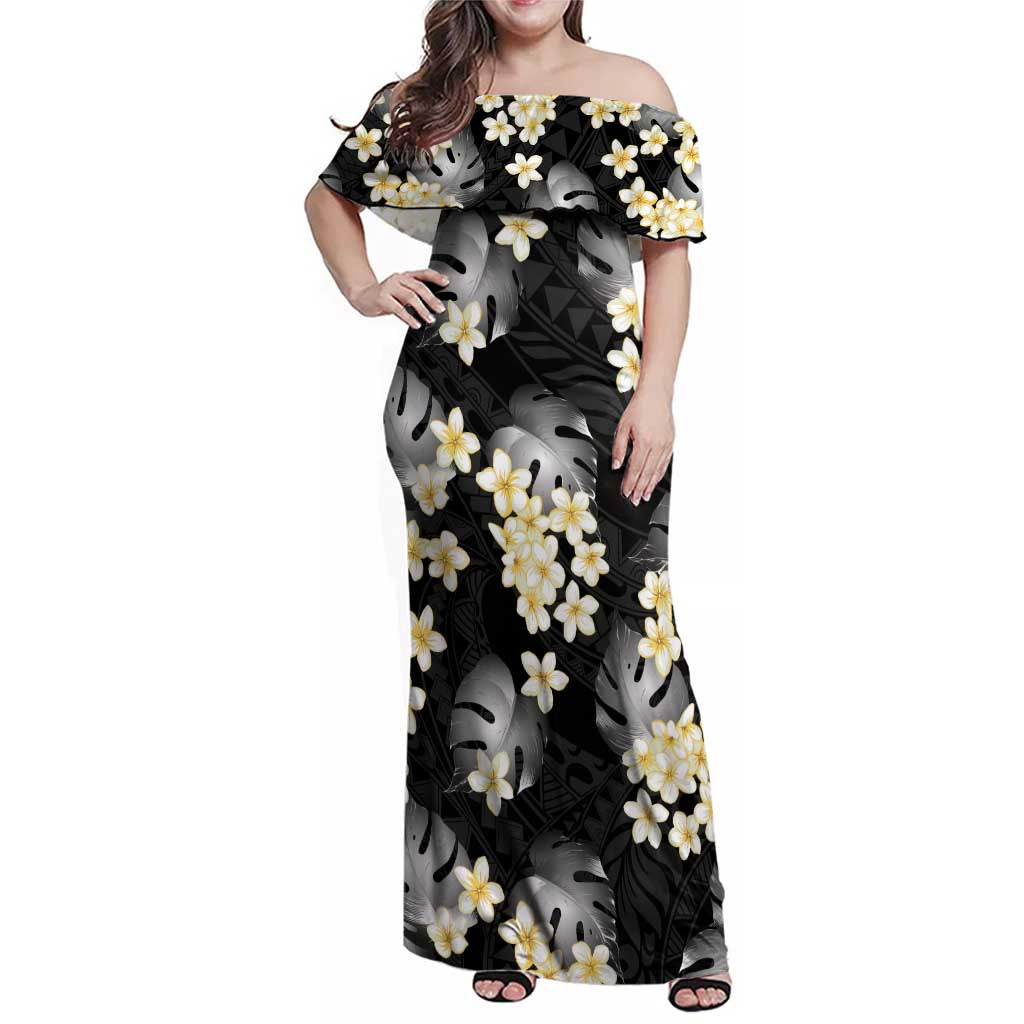 Black Tropical Hawaii Family Matching Off Shoulder Maxi Dress and Hawaiian Shirt Seamless Monstera Plumeria Hawaiian Pattern - Polynesian Pride