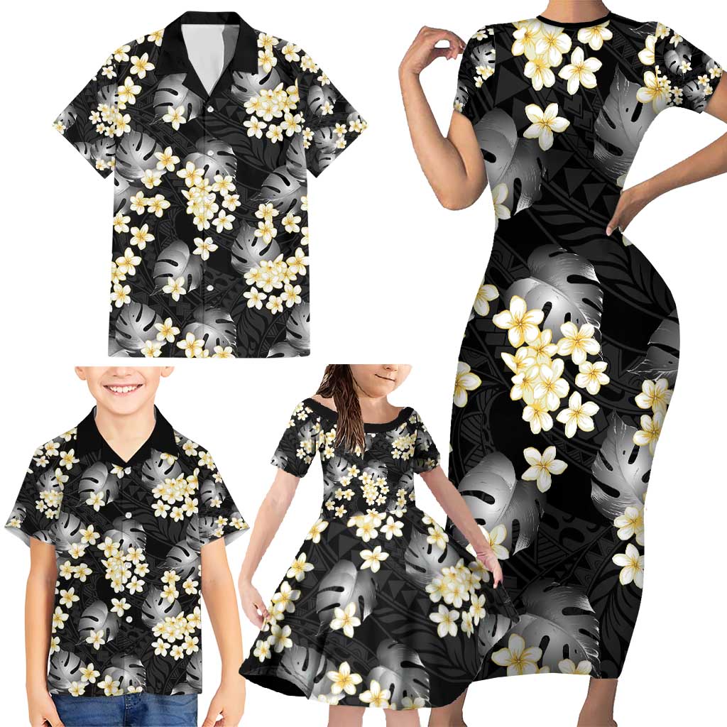 Black Tropical Hawaii Family Matching Short Sleeve Bodycon Dress and Hawaiian Shirt Seamless Monstera Plumeria Hawaiian Pattern - Polynesian Pride