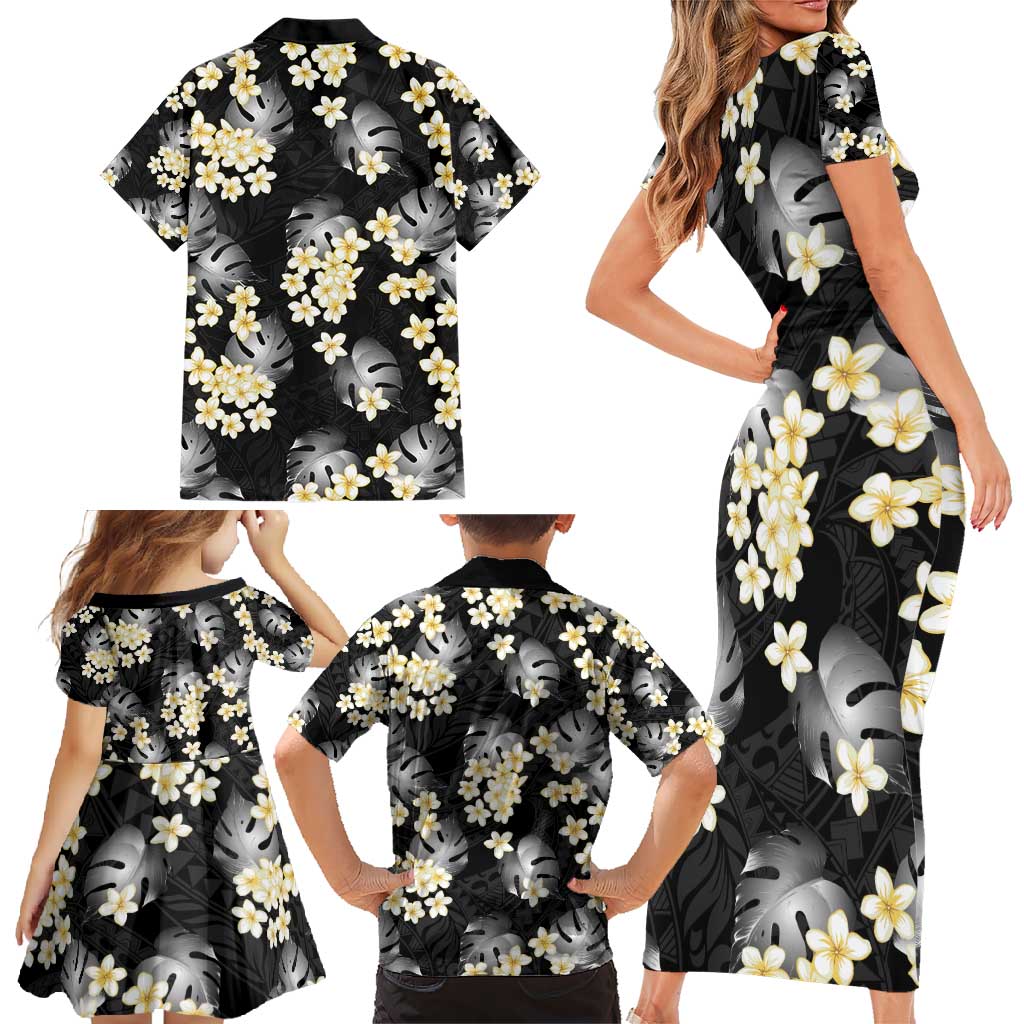 Black Tropical Hawaii Family Matching Short Sleeve Bodycon Dress and Hawaiian Shirt Seamless Monstera Plumeria Hawaiian Pattern - Polynesian Pride