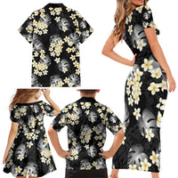 Black Tropical Hawaii Family Matching Short Sleeve Bodycon Dress and Hawaiian Shirt Seamless Monstera Plumeria Hawaiian Pattern - Polynesian Pride