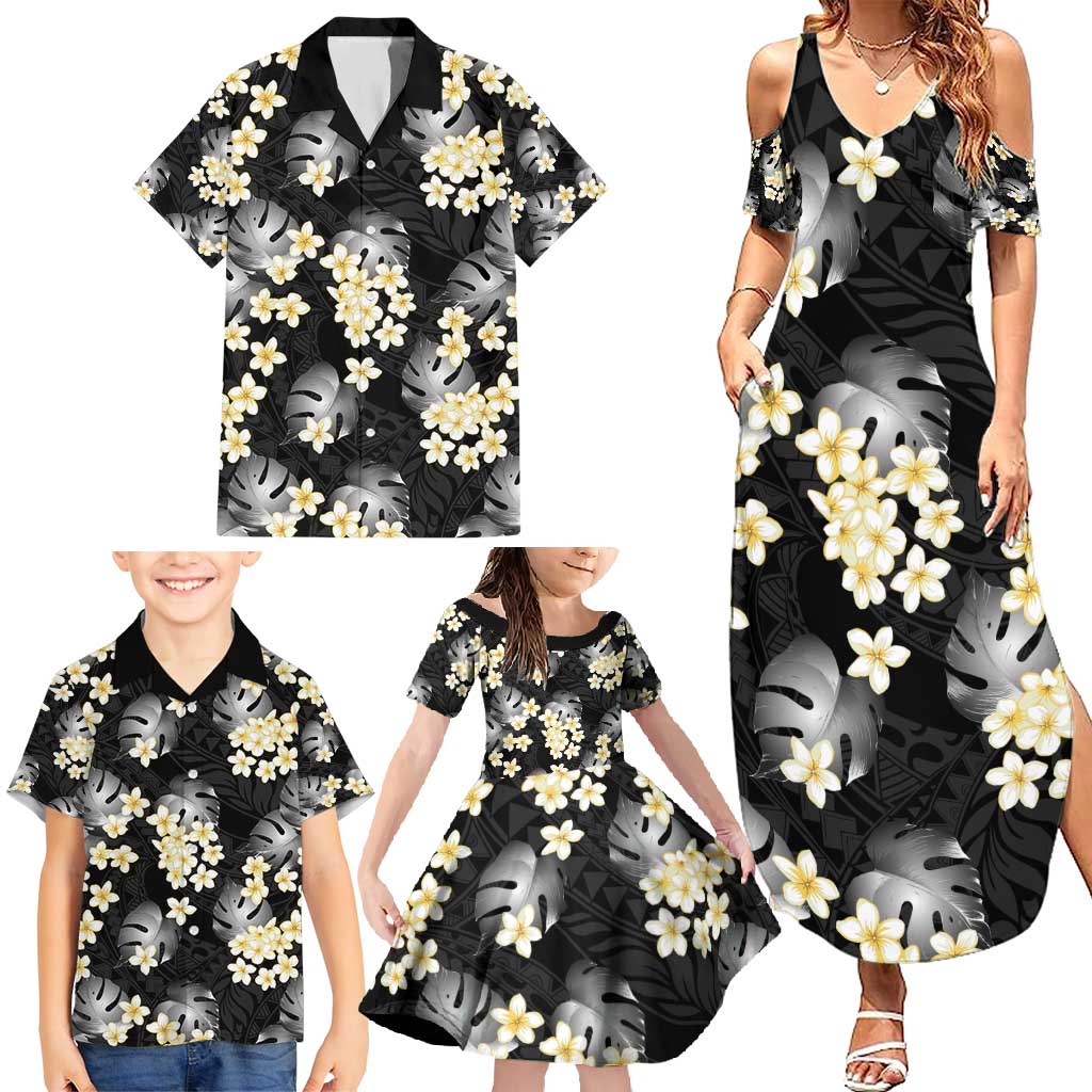 Black Tropical Hawaii Family Matching Summer Maxi Dress and Hawaiian Shirt Seamless Monstera Plumeria Hawaiian Pattern - Polynesian Pride