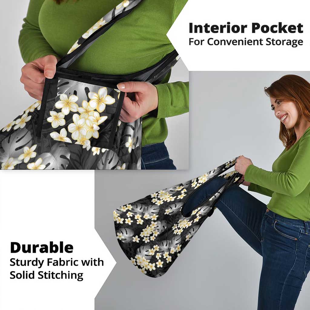 Black Tropical Hawaii Grocery Bag Seamless Monstera Plumeria Hawaiian Pattern - Polynesian Pride