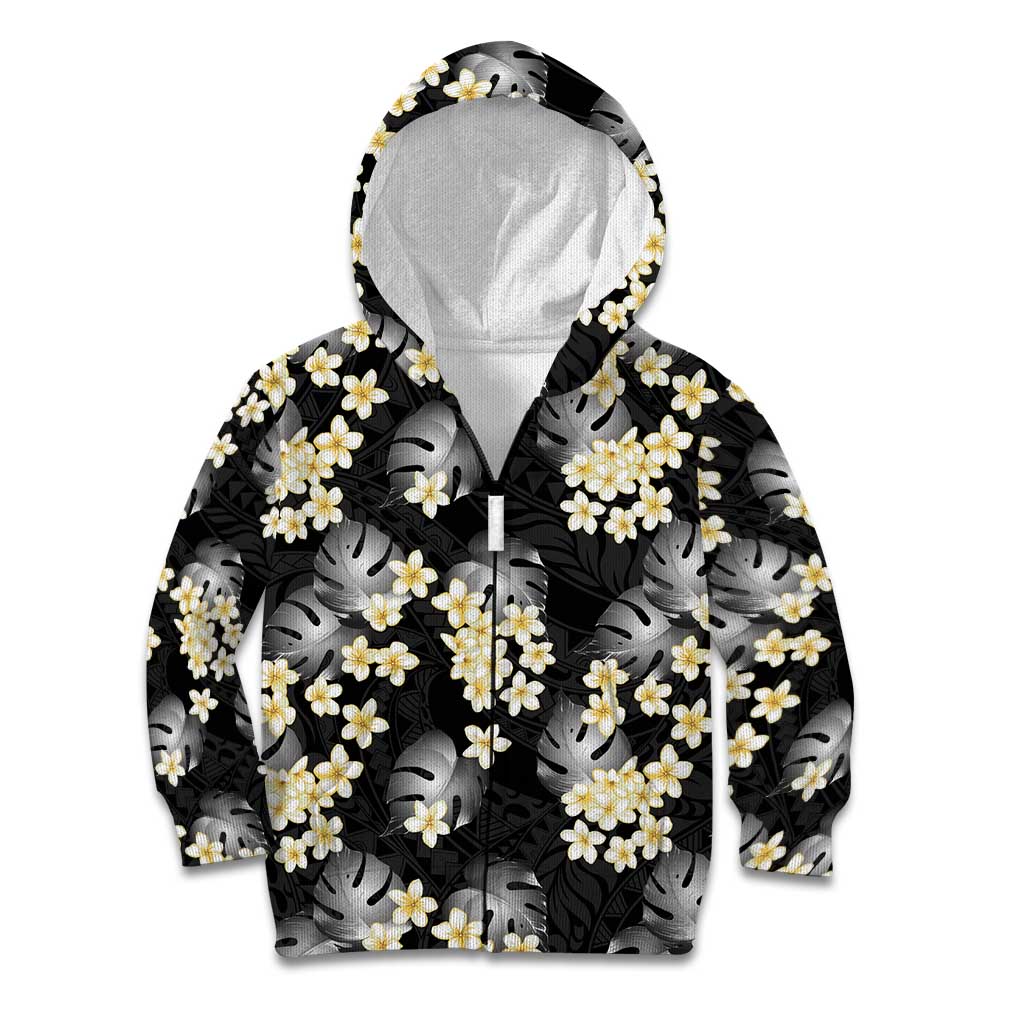 Black Tropical Hawaii Kid Hoodie Seamless Monstera Plumeria Hawaiian Pattern - Polynesian Pride