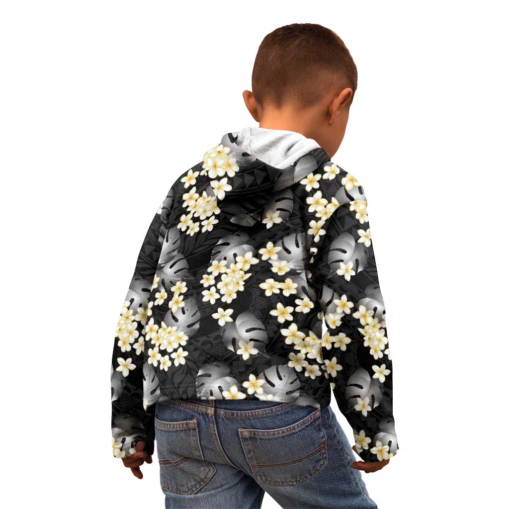Black Tropical Hawaii Kid Hoodie Seamless Monstera Plumeria Hawaiian Pattern - Polynesian Pride