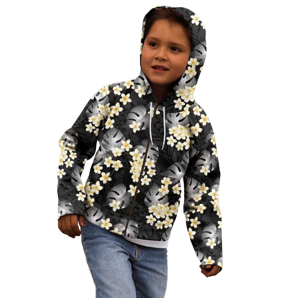 Black Tropical Hawaii Kid Hoodie Seamless Monstera Plumeria Hawaiian Pattern - Polynesian Pride