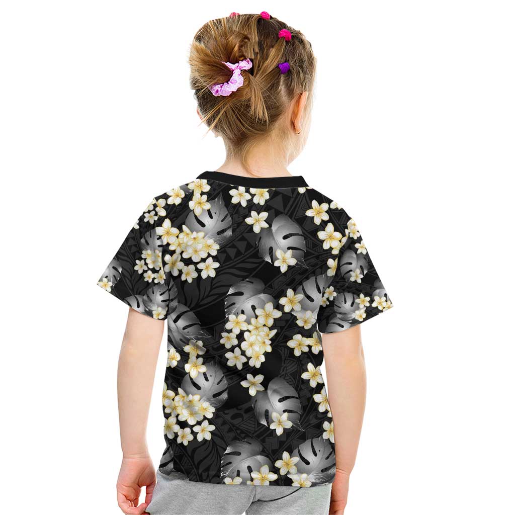 Black Tropical Hawaii Kid T Shirt Seamless Monstera Plumeria Hawaiian Pattern - Polynesian Pride