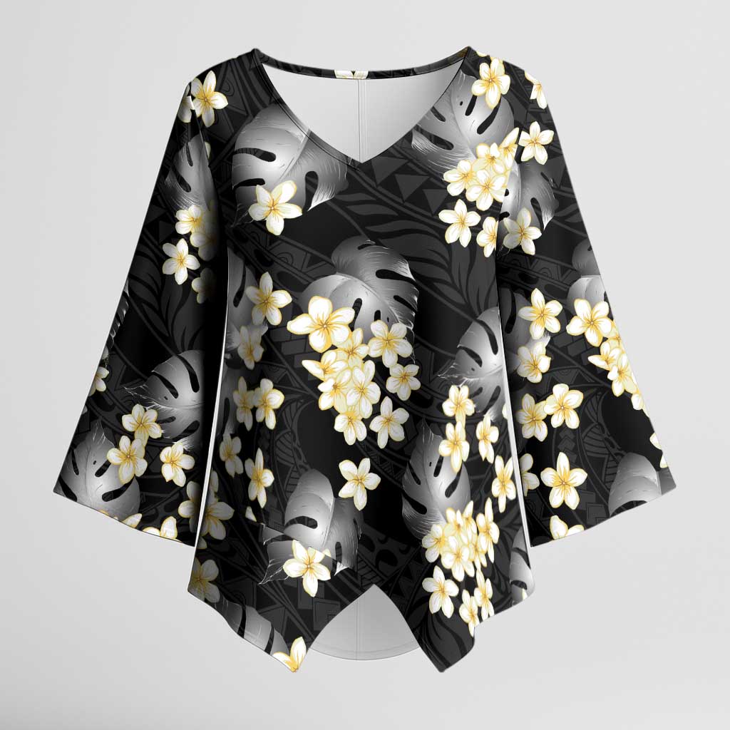Black Tropical Hawaii Kimono Sleeve Blouse Seamless Monstera Plumeria Hawaiian Pattern - Polynesian Pride