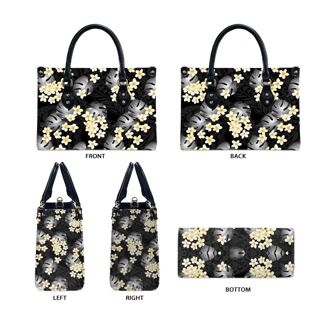 Black Tropical Hawaii Leather Bag Seamless Monstera Plumeria Hawaiian Pattern - Polynesian Pride