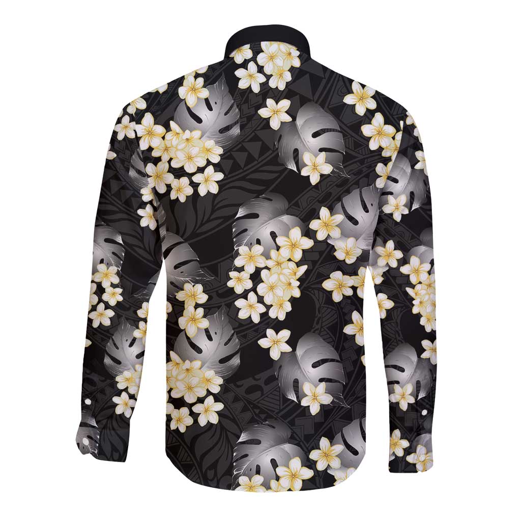 Black Tropical Hawaii Long Sleeve Button Shirt Seamless Monstera Plumeria Hawaiian Pattern LT14 - Polynesian Pride