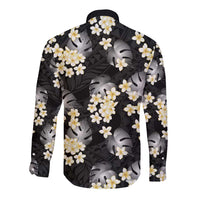 Black Tropical Hawaii Long Sleeve Button Shirt Seamless Monstera Plumeria Hawaiian Pattern LT14 - Polynesian Pride