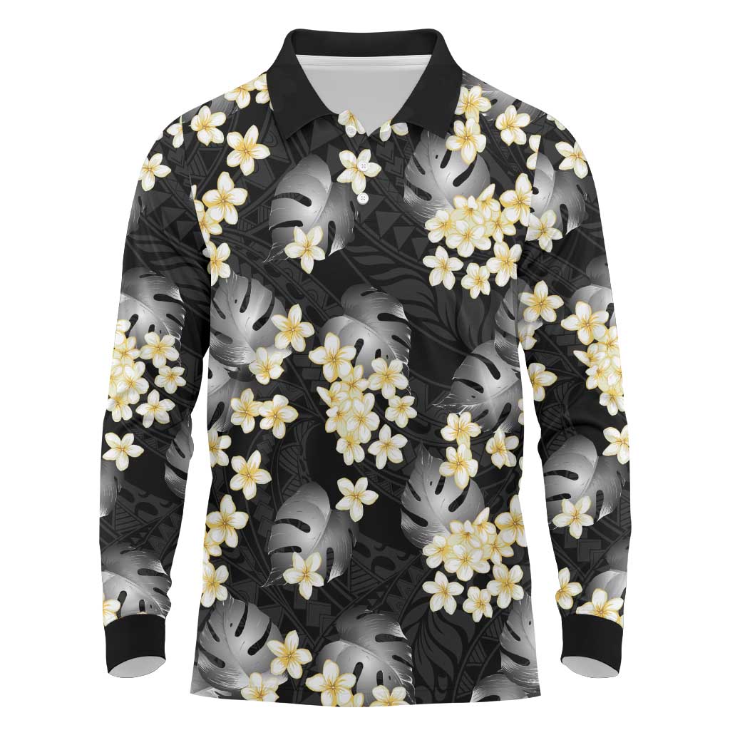 Black Tropical Hawaii Long Sleeve Polo Shirt Seamless Monstera Plumeria Hawaiian Pattern LT14 Black - Polynesian Pride