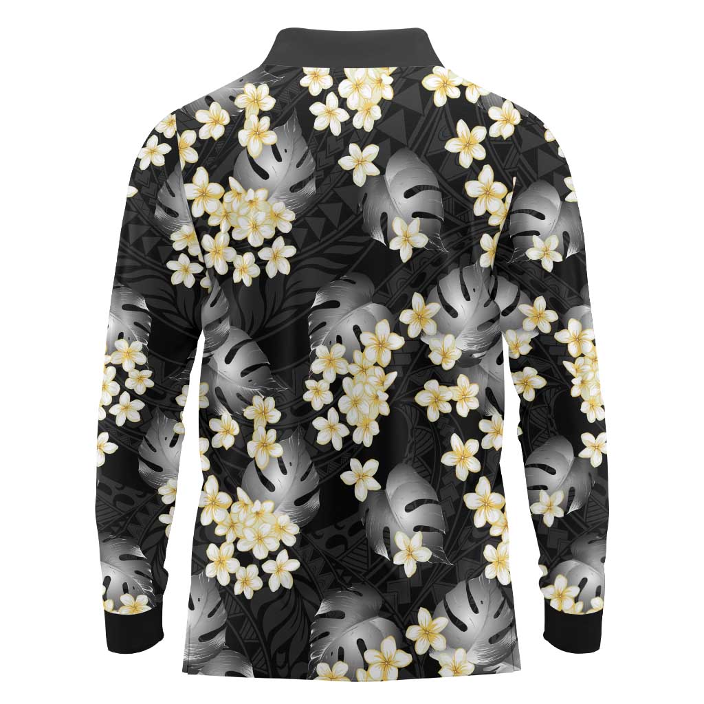 Black Tropical Hawaii Long Sleeve Polo Shirt Seamless Monstera Plumeria Hawaiian Pattern LT14 - Polynesian Pride